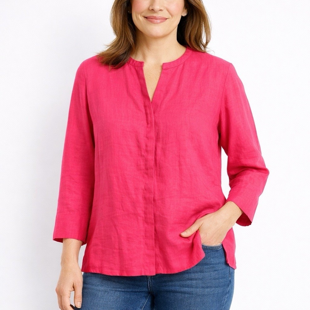 Talbots Top Womens‎ 12 Pink Irish Linen Long Sleeve V Neck Button Up Blouse